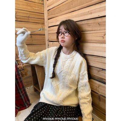 P花OME自制~奶油米SCU麻毛衣松 冬季经典百搭不H过时圆P领宽XHJ花