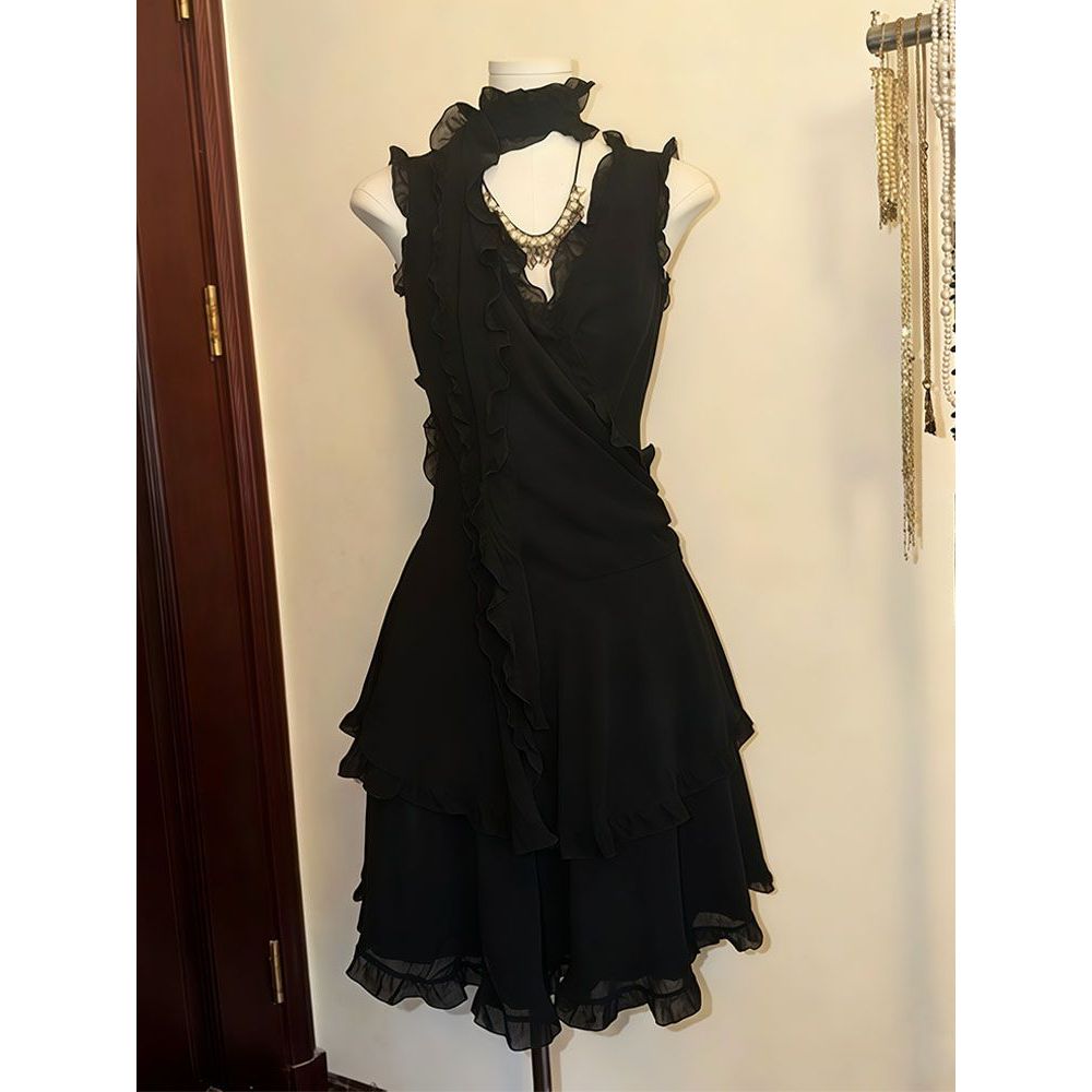 【墨庭旧影】古着vintage黑色小礼服连衣裙 V领+多层荷叶边层叠摆