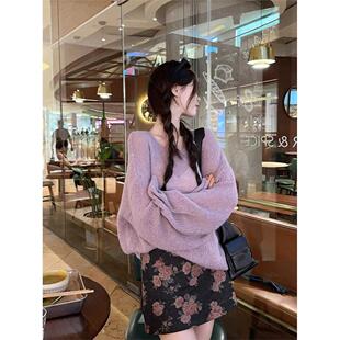 慵懒风气质长袖针织毛衣玫瑰印花牛仔半身短裙早秋新款时尚套装女