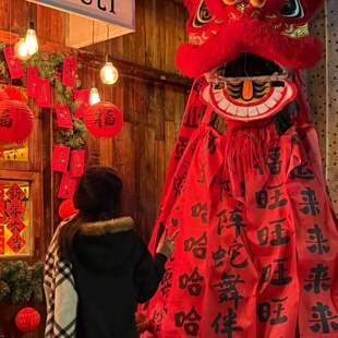 狮子装扮红色舞狮品红用品节日灯笼狮子头布置新年场景氛围挂饰网