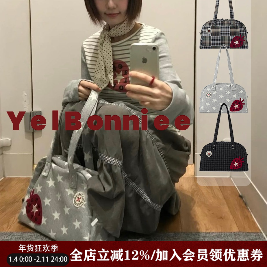 野啵妮 韩国小众aeae草莓星星保龄球包单肩包格纹大容量复古棉布,箱包皮具/热销女包/男包,通用款女包,淘宝优惠券,粉丝福利购,淘宝优惠卷