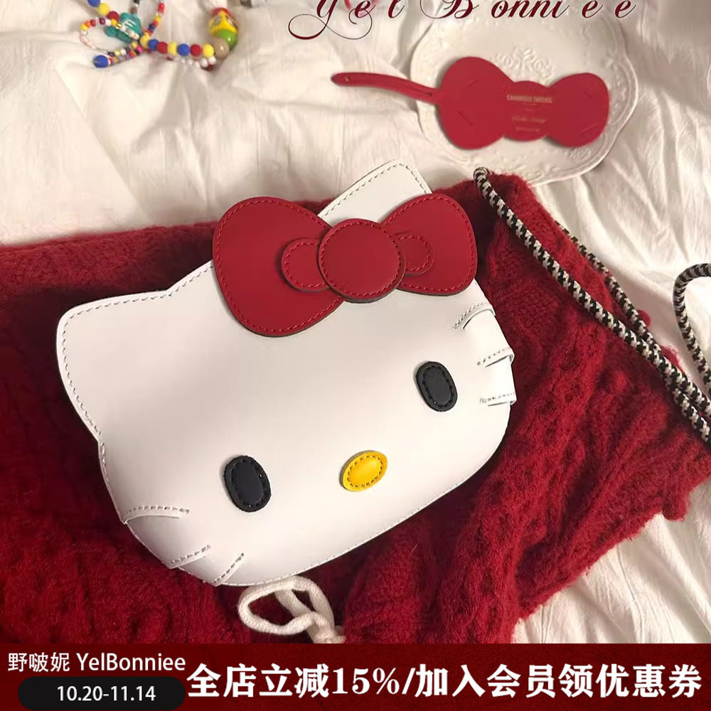 野啵妮 kitty猫50周年大脸可爱联名剑桥包蝴蝶结猫咪单肩包斜挎包
