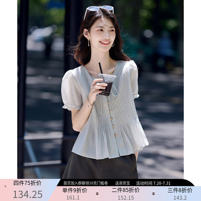 泡泡袖设计感小众褶皱上衣女短袖2025夏款钉珠扣系带方领衬衫衬衣
