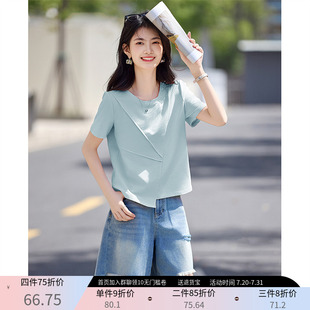 新款 极简风纯色不对称拼接T恤女2025夏季 休闲设计感圆领套头上衣