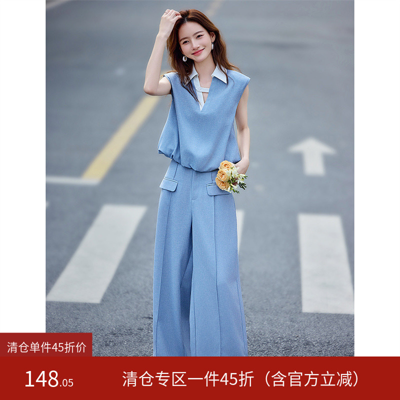通勤拼接撞色套装女短袖2025夏新款翻领抽绳衬衫直筒裤两件套