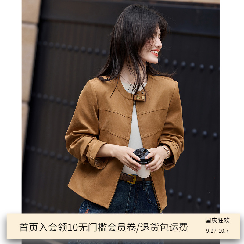 复古休闲短外套女2025春秋新款卡其色宽松圆领百搭显瘦女士短上衣
