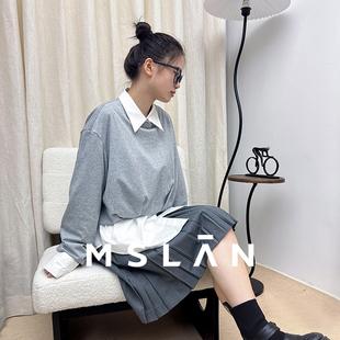 MSLAN25秋格雷系休闲圆领长袖 上衣兜兜下摆慵懒宽松短卫衣女
