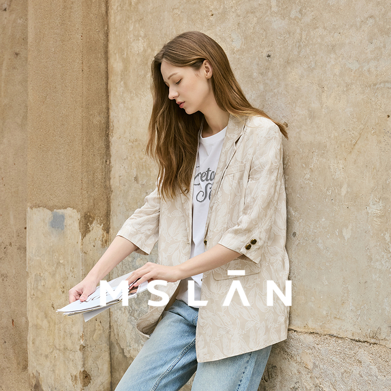时尚通勤/MSLAN25秋 休闲度假风腰果花提花七分袖西装外套女