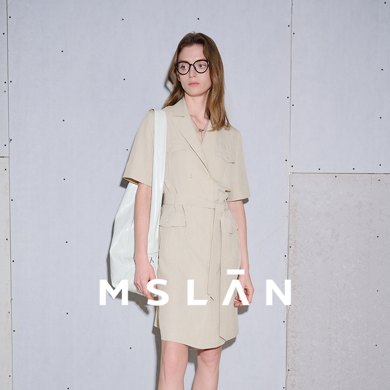 MSLAN夏季仿麻料工装短袖连衣裙