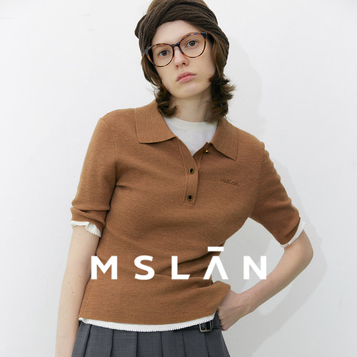 MIU风尖子生/MSLAN学院风刺绣POLO领亲肤短袖透气羊毛针织衫26春