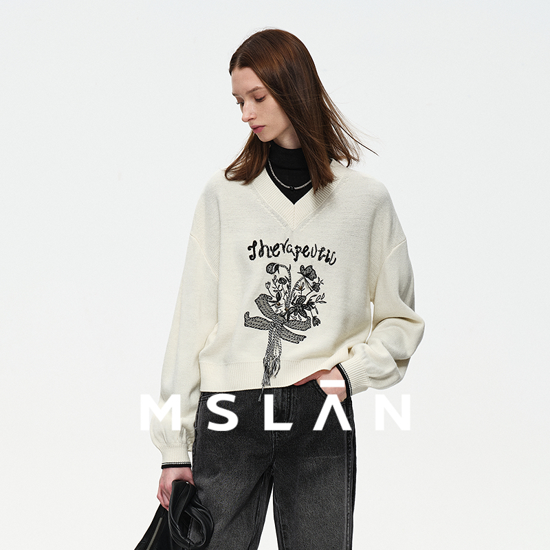 MSLANV领宽松居中图案针织套衫