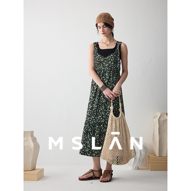 MSLAN复古褶皱碎花宽松吊带裙