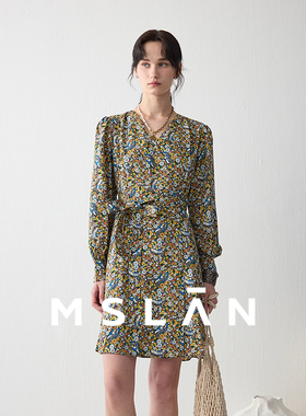 MSLAN26早春复古小碎花V领高腰茶歇裙短款连衣裙