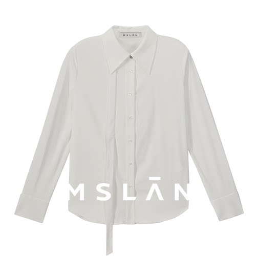 MSLAN智性通勤25秋冬三角针设计感飘带纯色白色衬衫女MGCN129