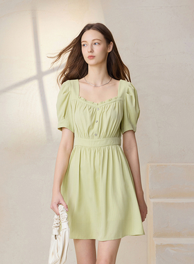 【方领口】MSLAN春夏气质浪漫短裙收腰连衣裙短袖茶歇裙MEBV4121