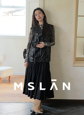 松紧腰/MSLAN春季轻薄飘逸中长裙度假休闲风黑色显瘦半身裙