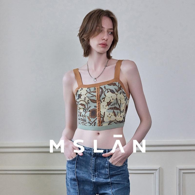 修身显瘦/MSLAN早春复古提花绑带小个子短款毛织背心MFCMG