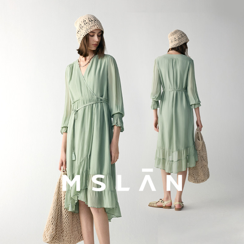 MSLAN流苏腰带 轻氧自然荷叶连衣裙 夏季优雅V领系带收腰茶歇