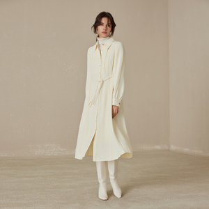 【纹理面料】MSLAN春季翻领A型收腰复古女长裙衬衫连衣裙MEDM4104