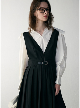 【宽肩带背心裙】MSLAN春季气质V领黑色显瘦不规则长裙MFBM5101