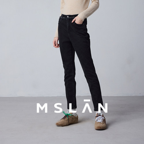 四面弹／MSLAN冬季简约高腰黑色紧身显瘦牛仔裤小脚裤MFDK016