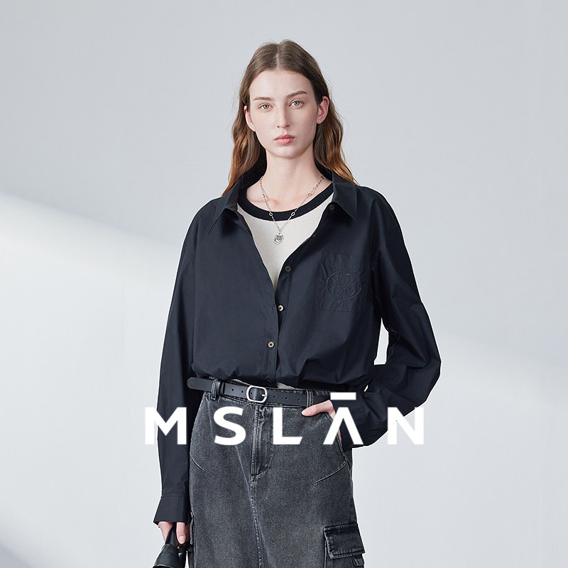 MSLAN长绒棉通勤刺绣短款衬衫