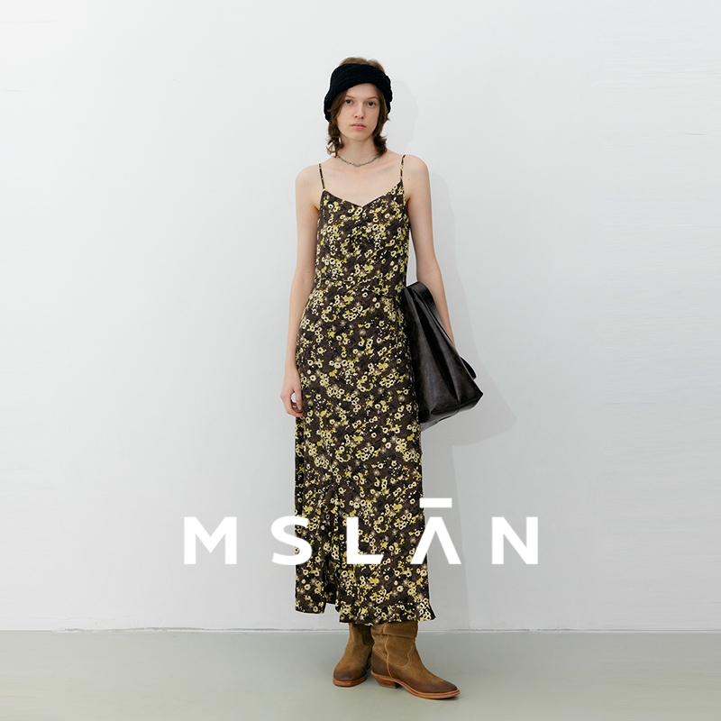 MSLAN商场同款 25秋复古碎花裙 满印侧开衩花边吊带连衣裙MGCT012