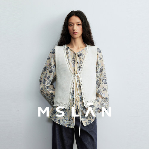 MSLAN棉质V领叠穿百搭精致花边绑带毛织马甲MIAH320