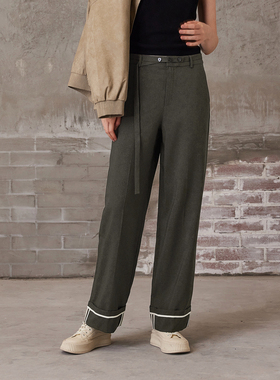 MSLAN复古麻感西装裤撞色显瘦直筒裤MFAN6801
