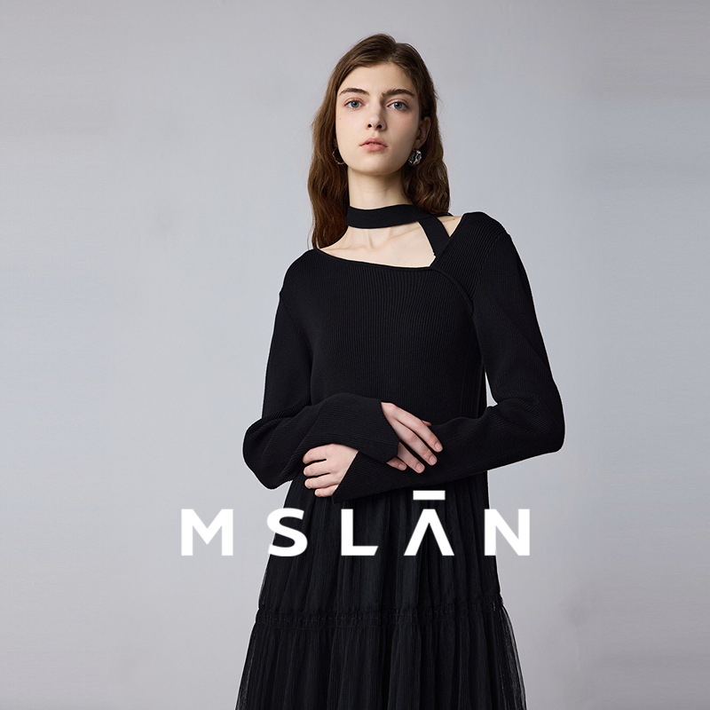 MSLAN复古拼接网纱显瘦连衣裙