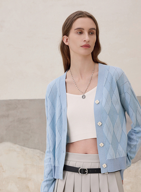 MSLAN非正式学院 复古V领慵懒宽松菱格针织开衫