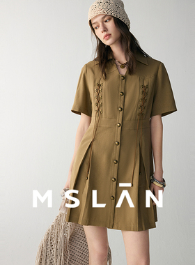 【后腰松紧】MSLAN春夏复古压褶泡泡袖绑带A字连衣裙MFBA4108