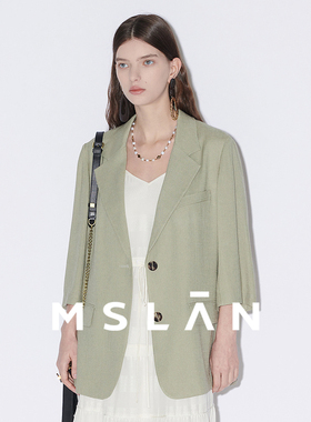 【进口醋酸仿麻】MSLAN春夏简约卡其绿七分袖西装外套女MFBA2501