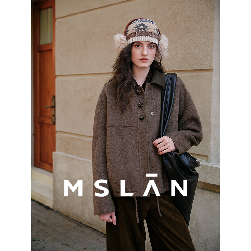 MSLAN冬日轻呢 骆驼绒混纺拼皮领毛呢松弛感抽绳小个子双面呢,女装/女士精品,毛呢外套,淘宝优惠券,粉丝福利购,淘宝优惠卷