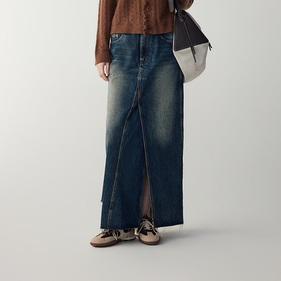 MSLAN|25秋冬复古牛仔蓝洗水开衩纯棉牛仔半身裙MGCQ3321