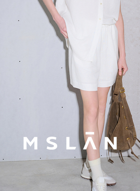 凉感亚麻短裤/MSLAN休闲老钱风 透气松紧腰白色五分裤女MGBK485