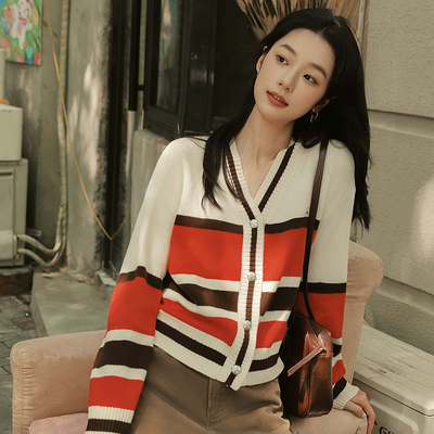 MSLAN美式学院条纹针织100%绵羊毛软糯红色云朵开衫