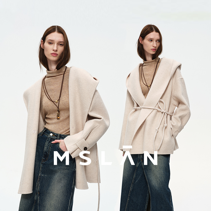 MSLAN斗篷大衣 25秋冬休闲连帽双面呢简约腰带收腰温暖毛呢大衣