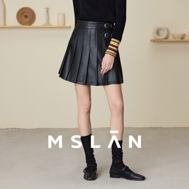 MSLAN 25秋时尚减龄压褶皮裙 时髦压褶半身裙黑色短裙MECE8103