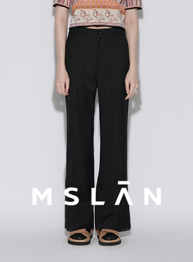 MSLANoutlet春季拼接蕾丝微喇裤黑色修身显瘦裤子长裤女