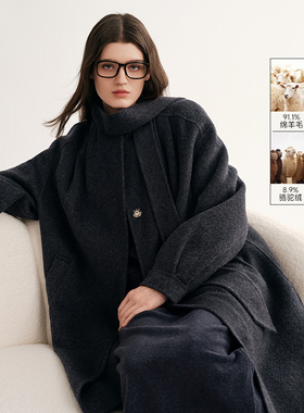 MSLAN轻轻毛呢 富家千金气质飘带灰色羊毛大衣中长款毛呢外套女