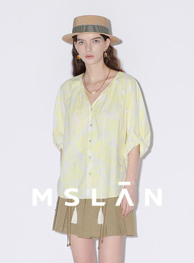 【留洋千金】MSLAN夏季黄玫瑰印花倒褶灯笼袖纯棉衬衫MFBM1409