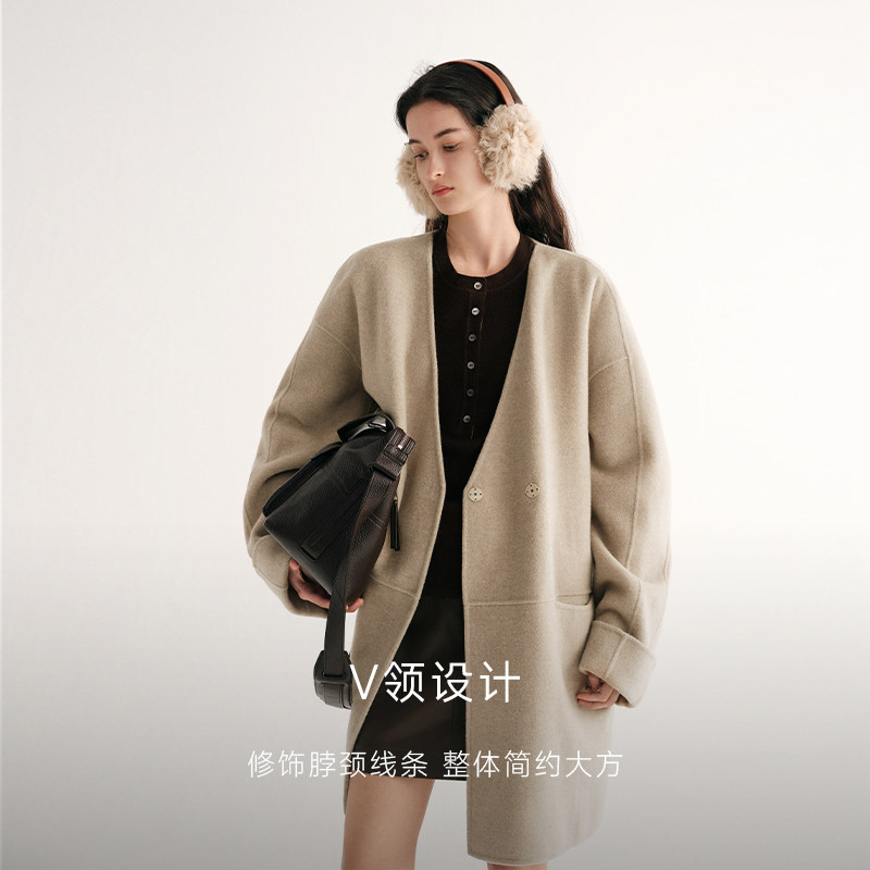 MSLAN慵懒叠穿 针织披肩羊毛混纺外套轻熟两件套V领毛呢大衣冬