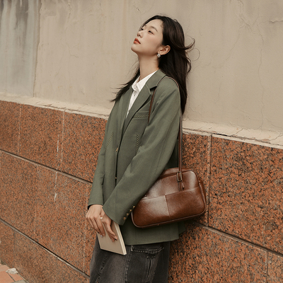 MSLAN智性通勤 羊毛混纺设计感绣花双口袋西装宽松外套