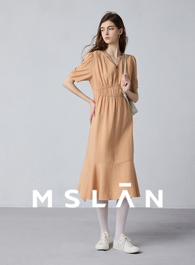 法式庄园|MSLAN夏季V领分割褶皱不规则收腰茶歇裙连衣裙MFCE4138