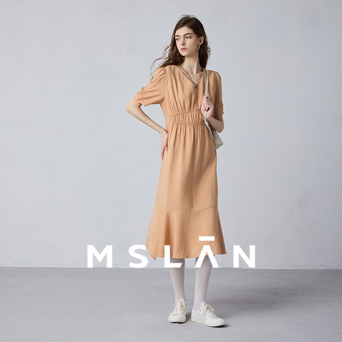 MSLAN夏季法式褶皱不规则连衣裙