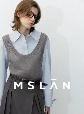 MSLAN知识分子 25秋MIU系学院风蓝色假两件针织衫马甲拼接衬衫