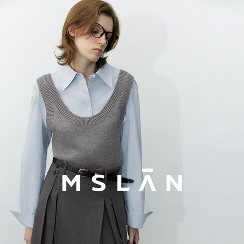 MSLAN学院风假两件针织马甲衬衫