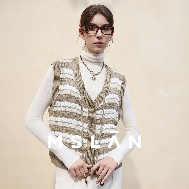 MSLAN燕麦条纹 25秋撞色亚麻混纺针织背心 肌理感系带叠穿马甲