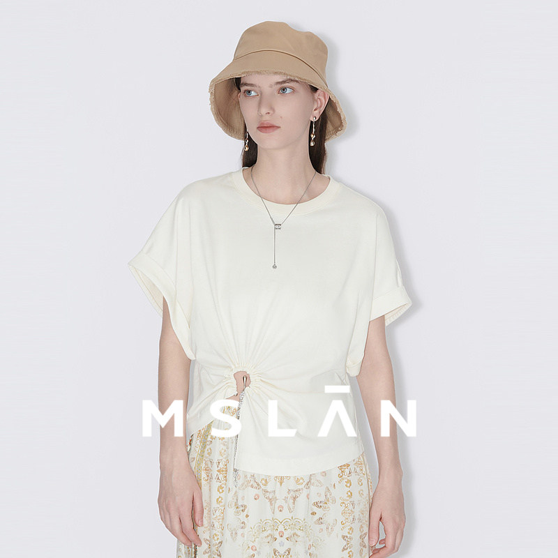 【100%棉】MSLAN春夏落肩袖白色镂空扭结截短短袖T恤 MF